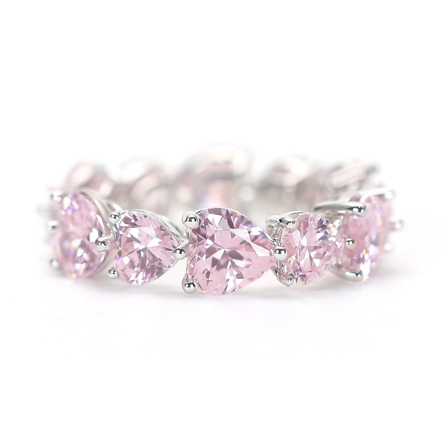 Micro-setting light pink diamond color Lab created stones fully studded heart eternity ring, sterling silver