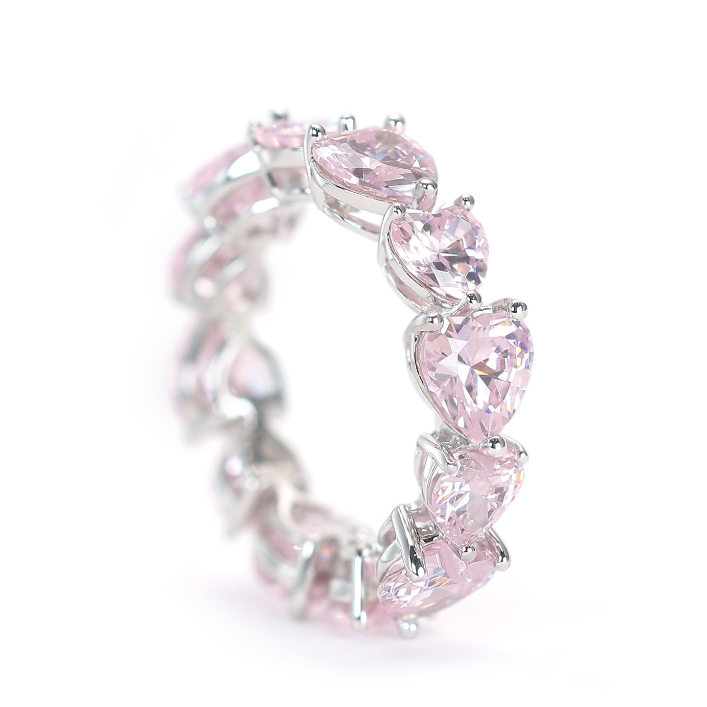 Micro-setting light pink diamond color Lab created stones fully studded heart eternity ring, sterling silver