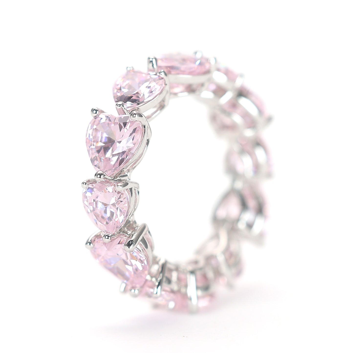 Micro-setting light pink diamond color Lab created stones fully studded heart eternity ring, sterling silver