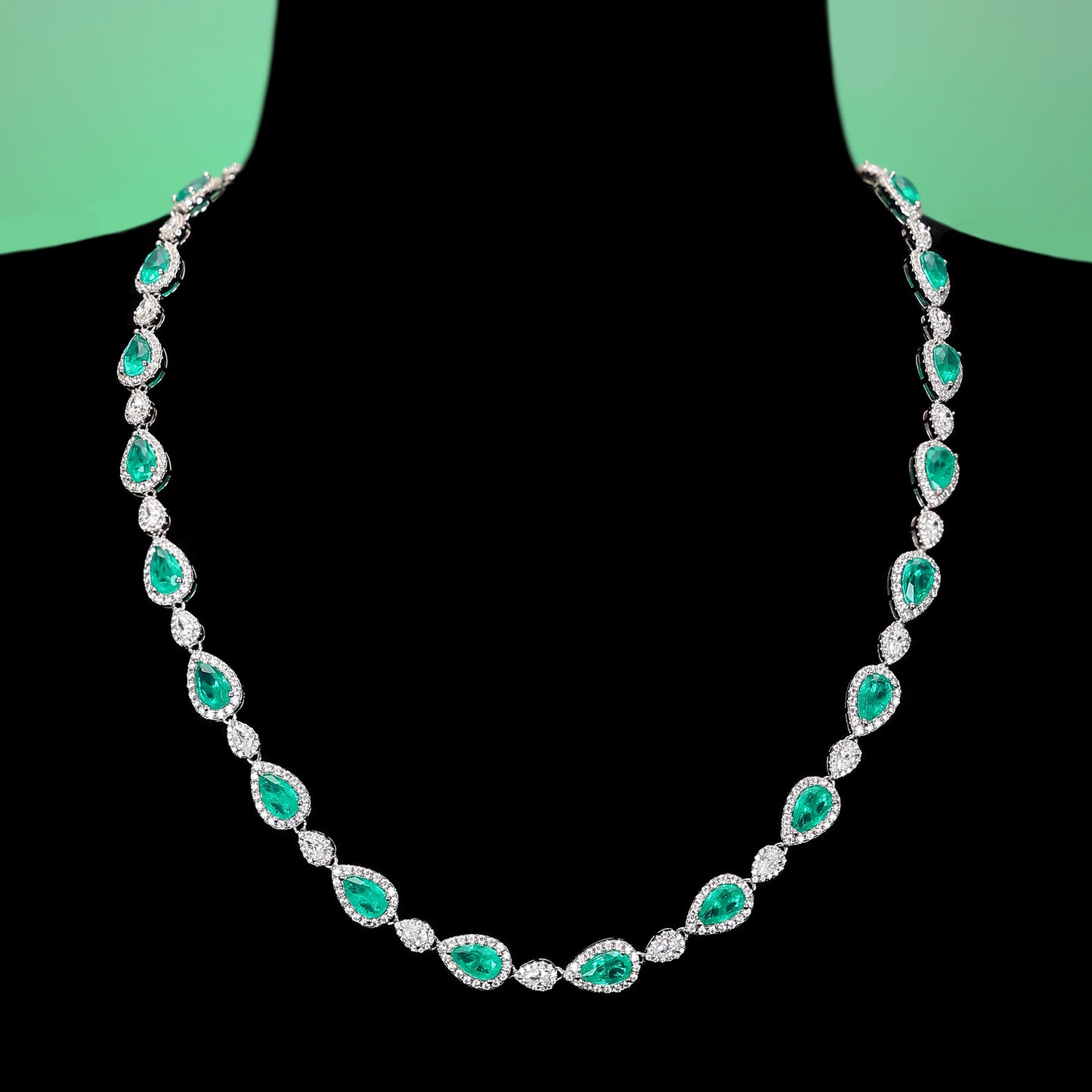 Limited edition Micro-setting Emerald color Lab created stones fully studded waterdrop necklace, sterling silver