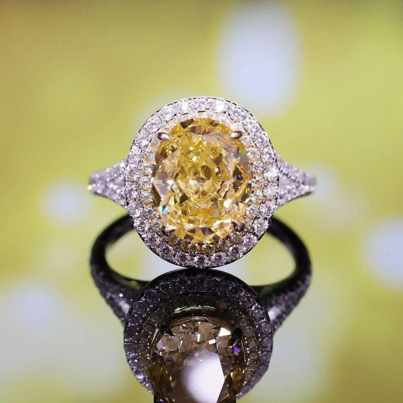 Special offer Micro-setting yellow diamond color Lab created stones pigeon egg ring, sterling silver .  double platting