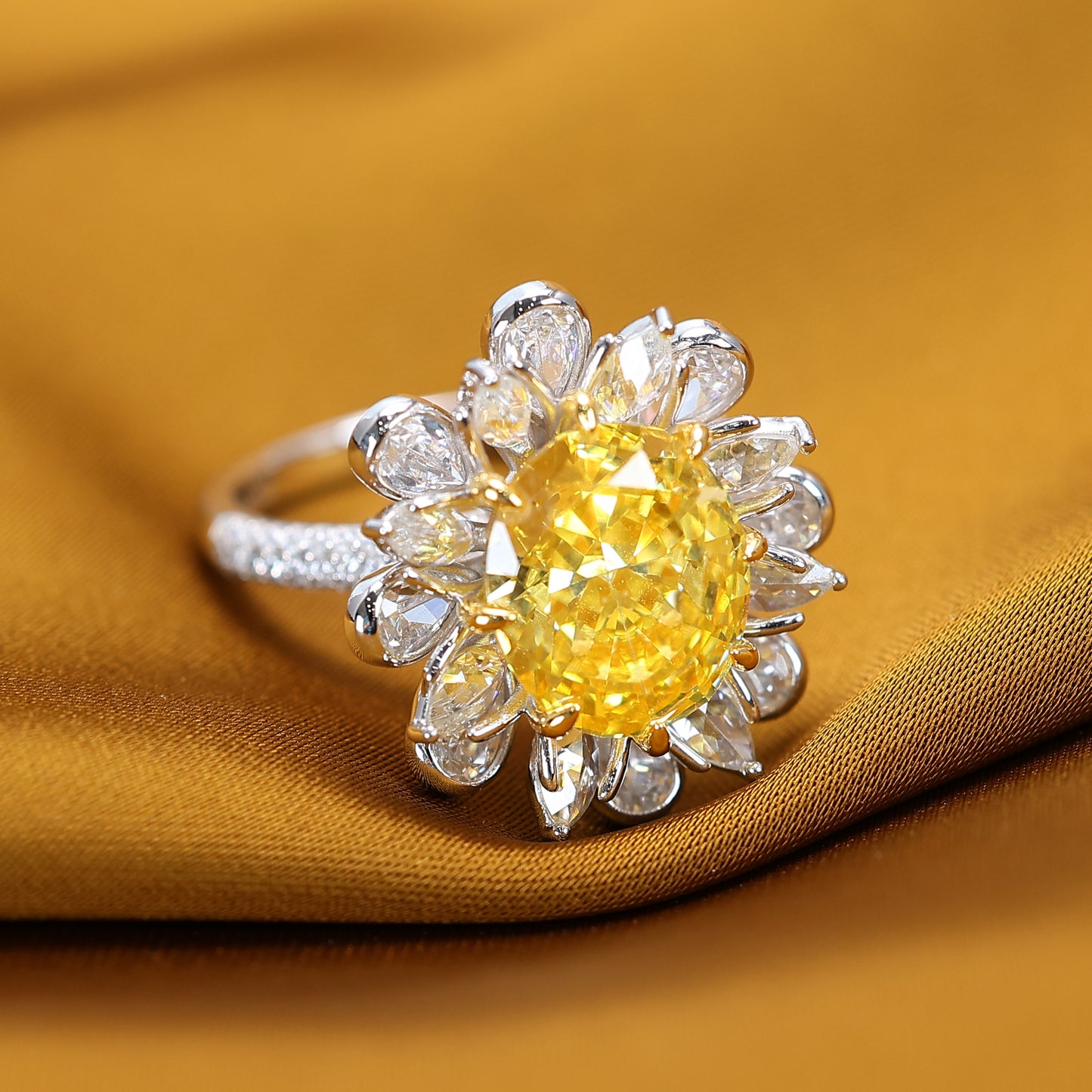 Micro-setting Oval vivid yellow diamond color Lab created stones fancy Sunflower set. ring and earrings, sterling silver