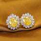 Micro-setting Oval vivid yellow diamond color Lab created stones fancy Sunflower set. ring and earrings, sterling silver