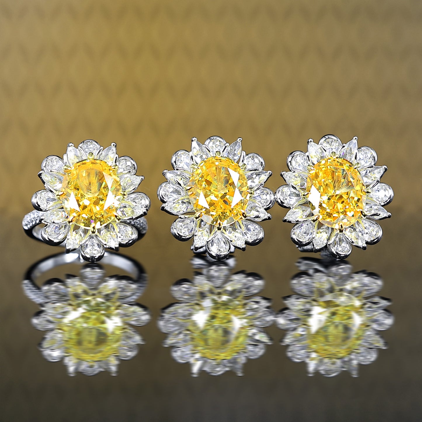 Mikrogefasste ovale leuchtend gelbe Diamantfarbe Lab erstellte Steine ​​ausgefallenes Sonnenblumen-Set. Ring und Ohrringe, Sterlingsilber