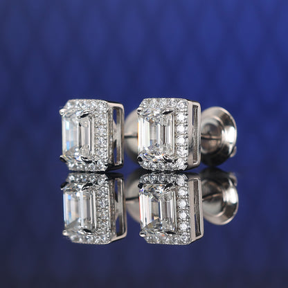 Welfare Exclusive emerald-cut Lab created stones rectangular shape ear studs, sterling silver.(4.4 carat)