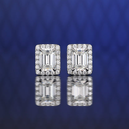 Welfare Exclusive emerald-cut Lab created stones rectangular shape ear studs, sterling silver.(4.4 carat)
