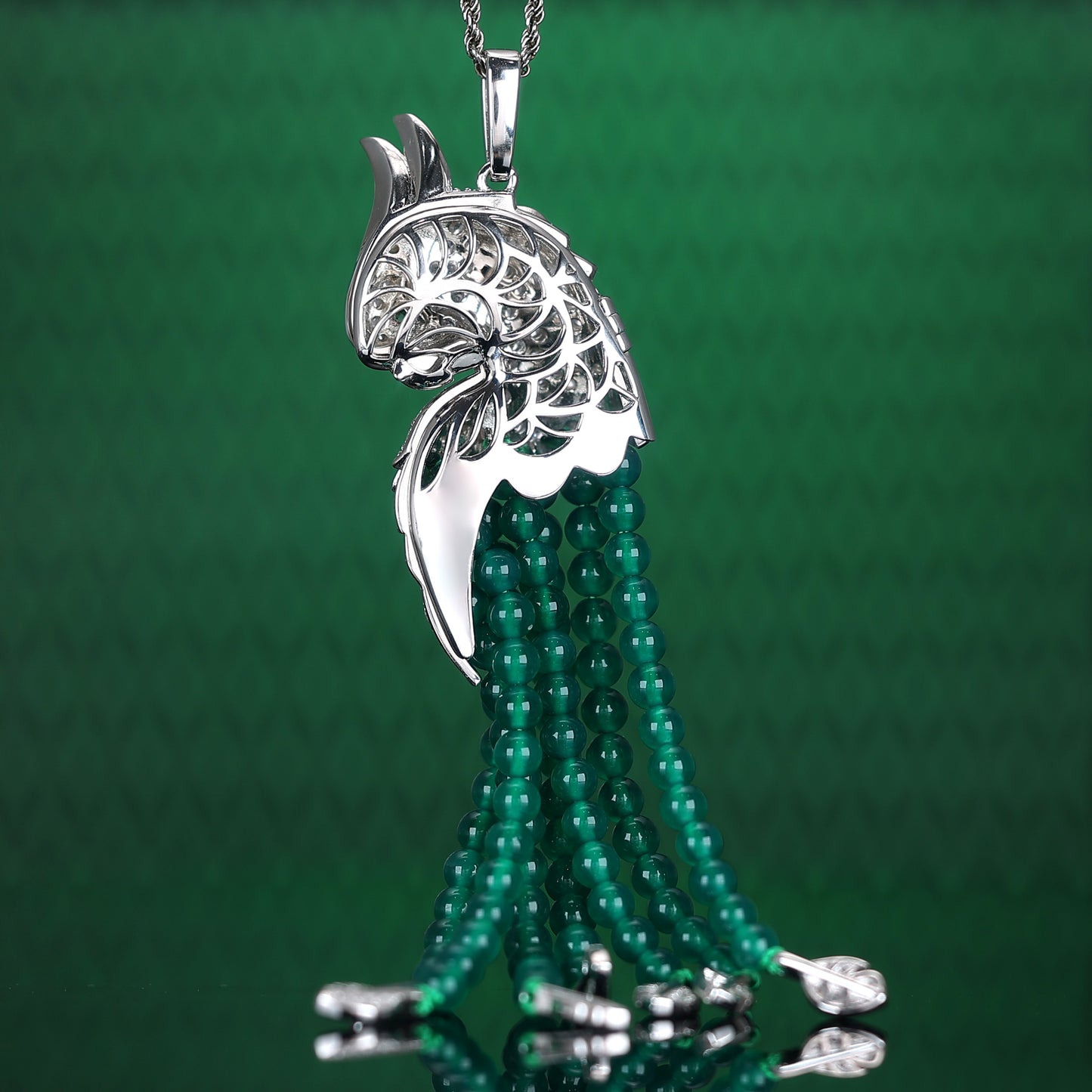 Micro-setting Emerald color tassel Lab created stones fancy Parrot multi-purpose brooch and pendant, sterling silver