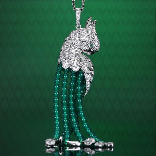 Micro-setting Emerald color tassel Lab created stones fancy Parrot multi-purpose brooch and pendant, sterling silver