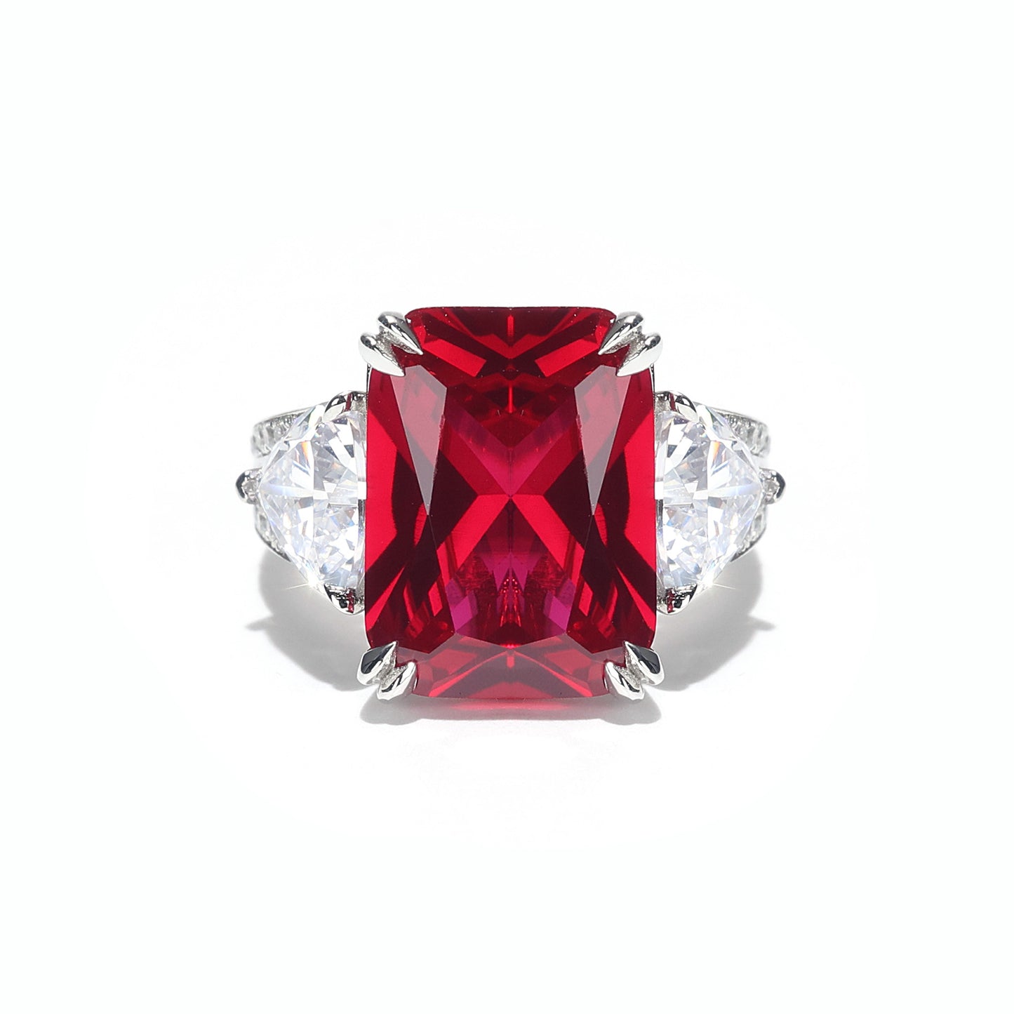 Limited edition Only 1 piece Micro-setting Ruby color Lab created stones 3 stones ring, sterling silver