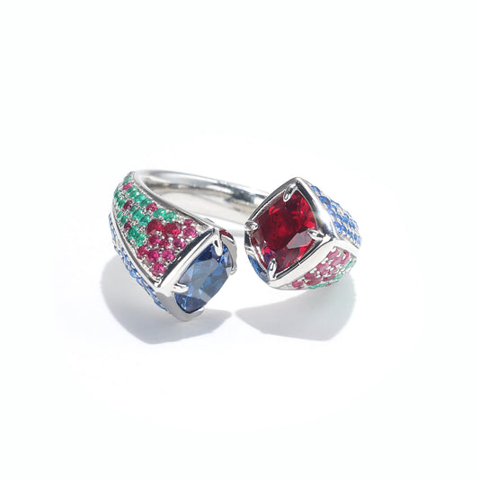 Limited edition Only 1 pieceMicro-setting Ruby and Sapphire color Lab created stones Unique detailed ring, sterling silver