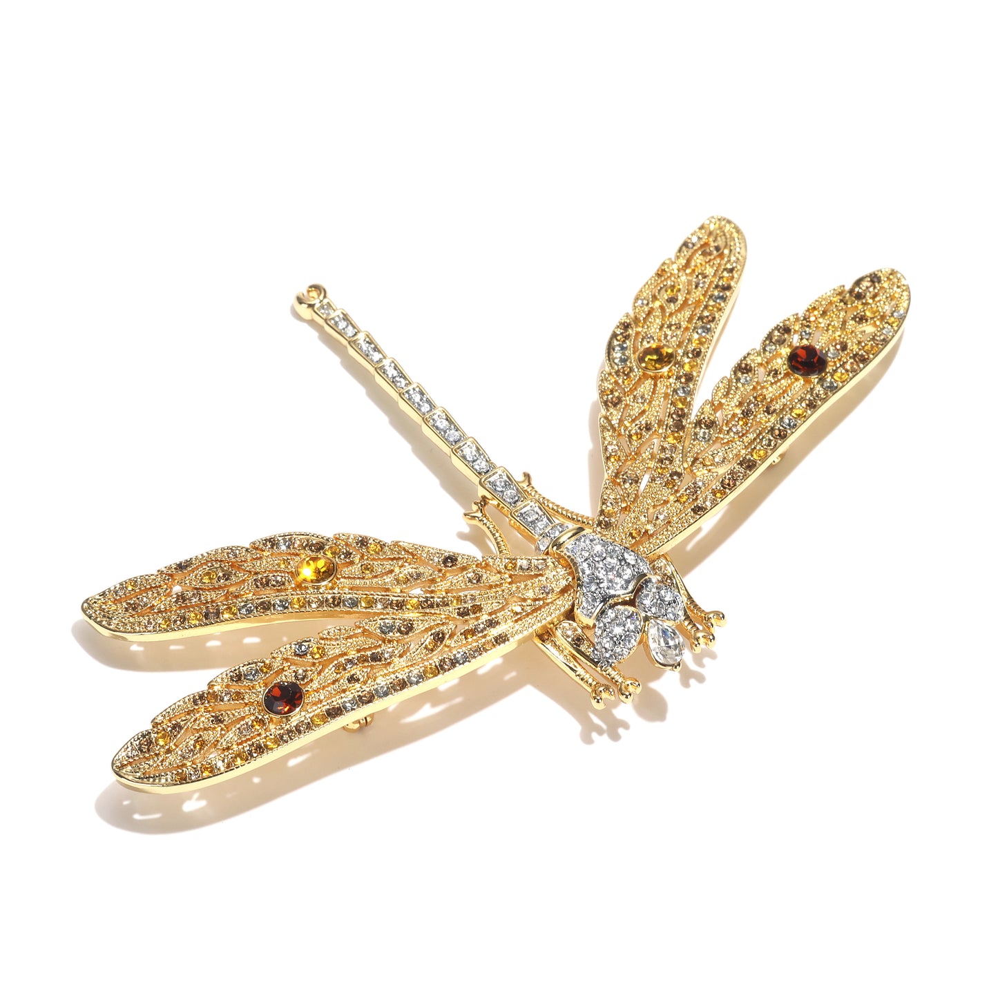 Reservation design Retro style The Dragonfly brooch, brass with CZ and 18K yellow gold plating