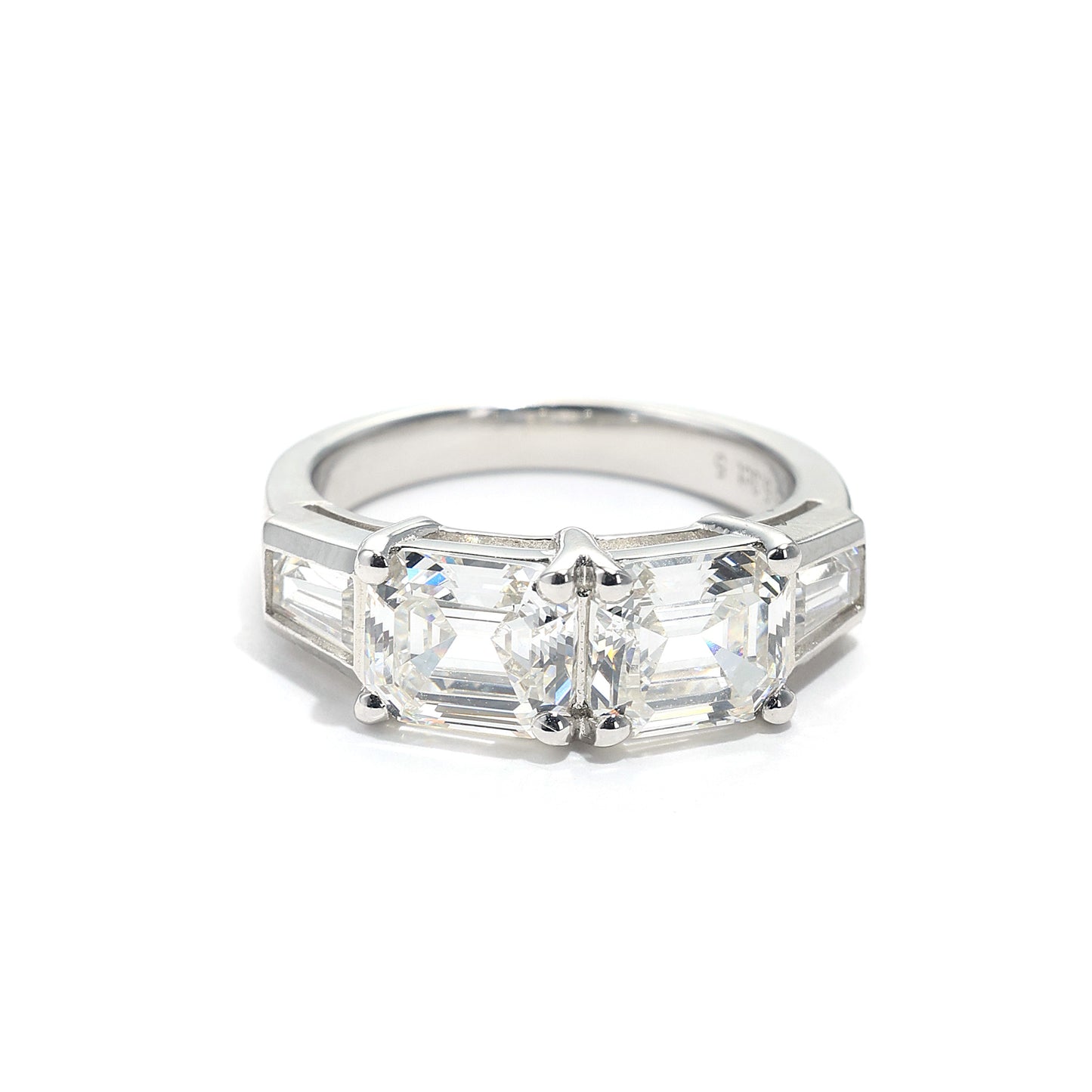 Special offer Clear diamond color Lab created stones Emerald cut 4 stones ring, sterling silver