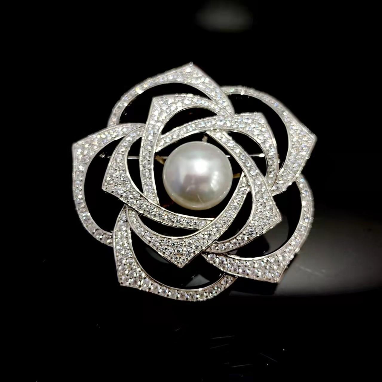 Customized Micro-setting Fresh water pearl and Lab created stones The Camellia brooch, sterling silver