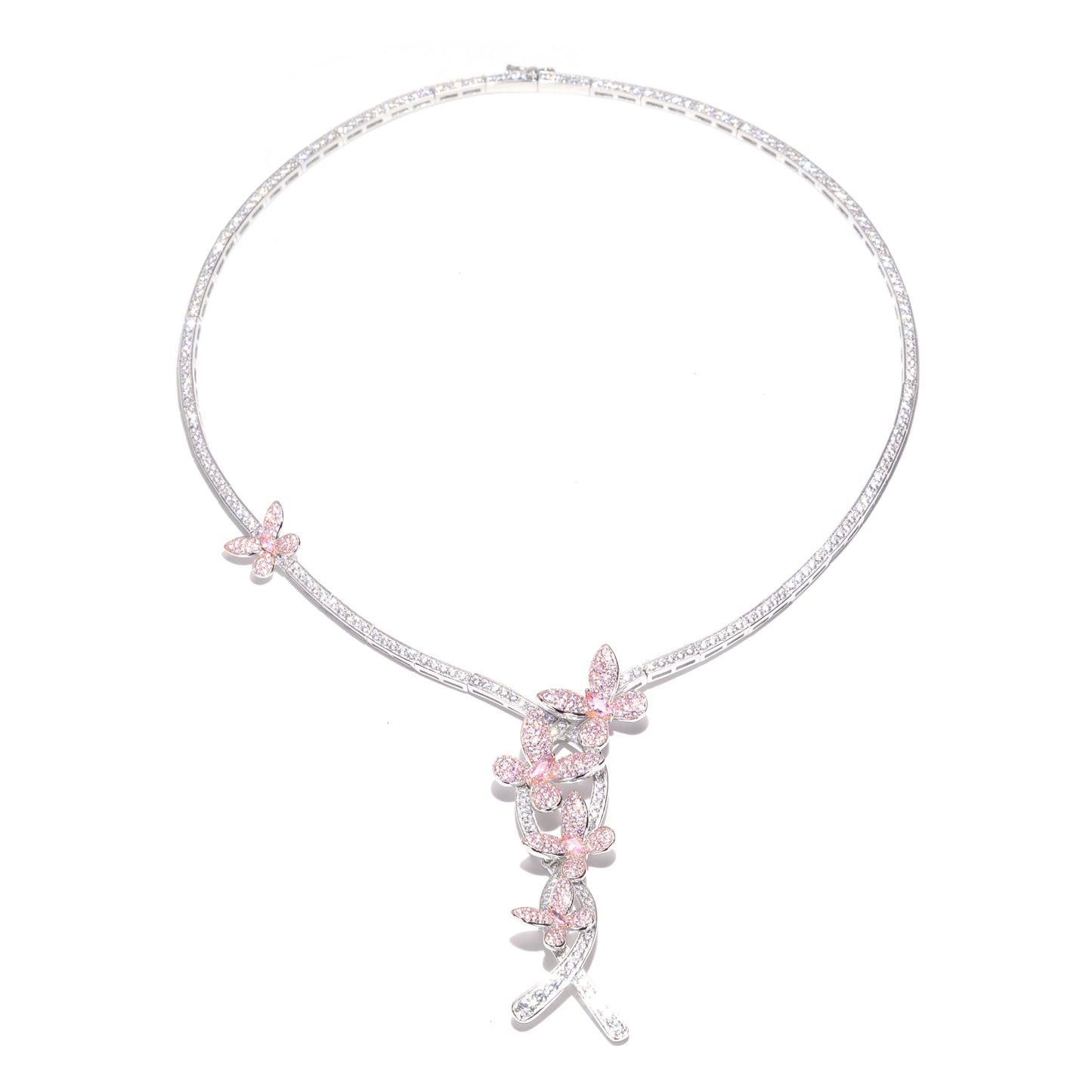 Reservation design  Micro-setting Pink and clear diamond color CZ 5 Butterflies Necklace, sterling silver