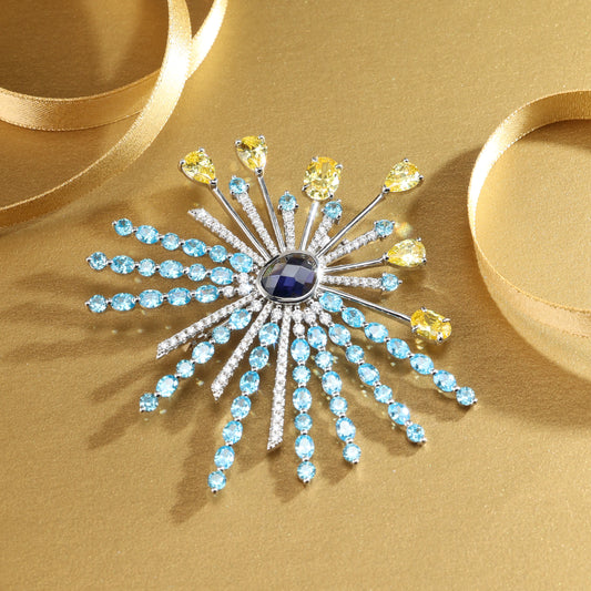 Customized only 1 piece. Micro-setting Aquamarine&yellow diamond&Sapphire color  Lab created stones The Firework brooch, sterling silver