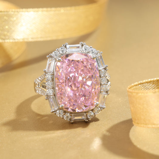 Limited edition Micro-setting Pink diamond color Lab created stones bagiette cocktail ring, sterling silver