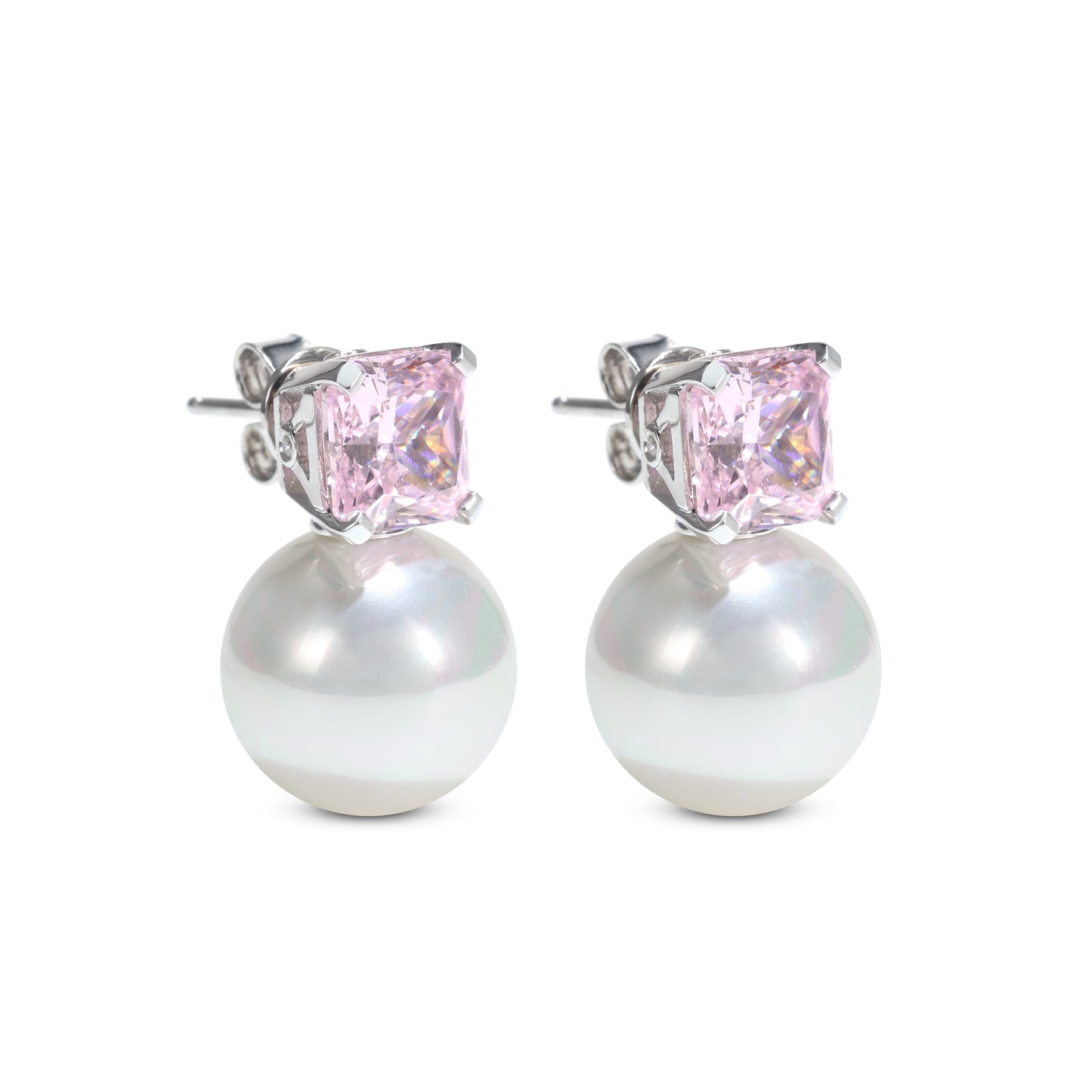 Micro-setting Pink diamond color Lab created stones White shell Pearl earrings, sterling silver