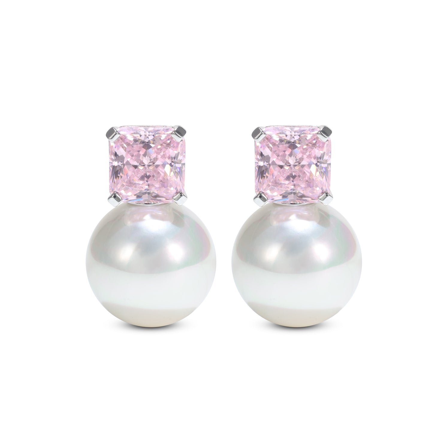 Micro-setting Pink diamond color Lab created stones White shell Pearl earrings, sterling silver