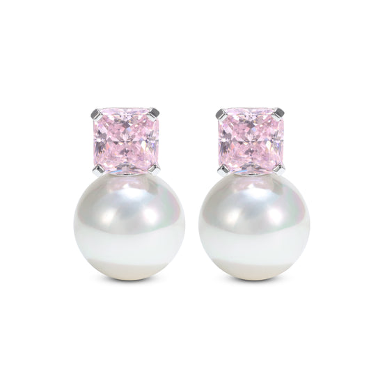 Micro-setting Pink diamond color Lab created stones White shell Pearl earrings, sterling silver