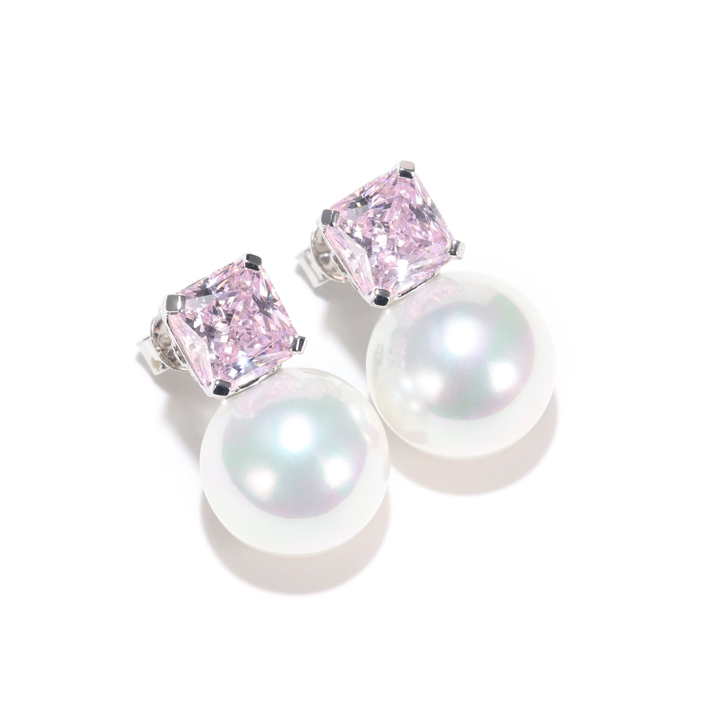 Micro-setting Pink diamond color Lab created stones White shell Pearl earrings, sterling silver