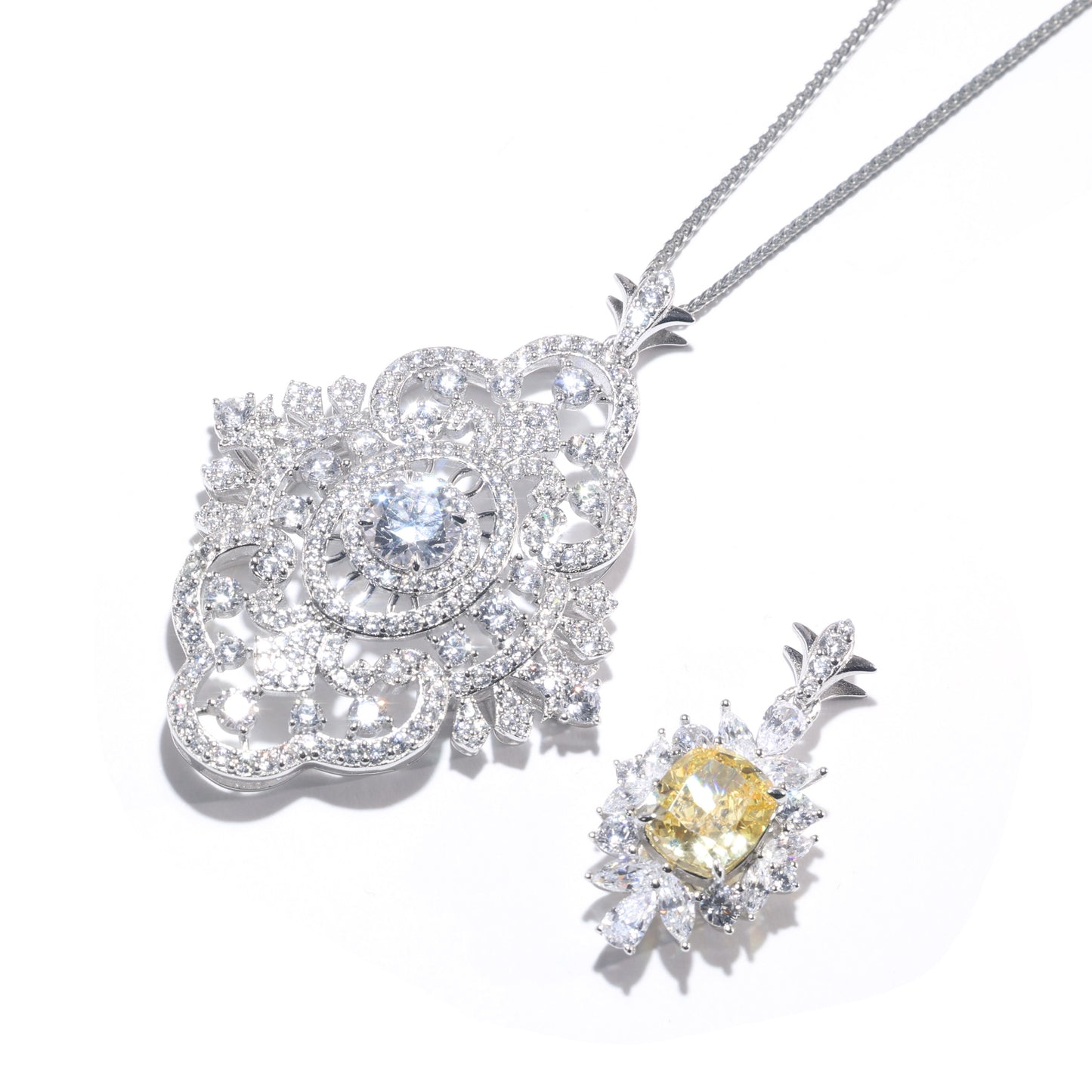 Promotional design Micro-setting Clear and yellow diamond color Lab created stones 2 in 1 multi-purpose pendant, sterling silver