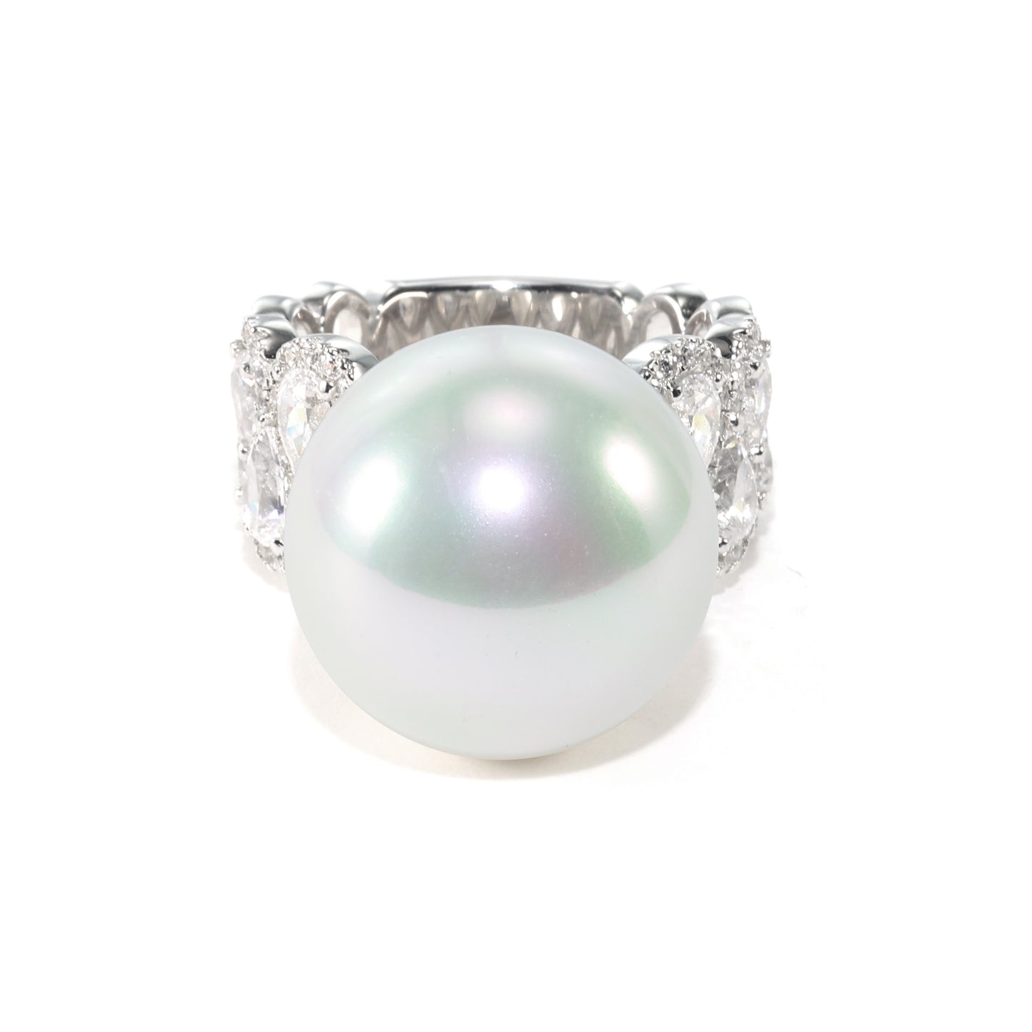 Micro-setting White shell pearl detailed wide band ring, sterling silver