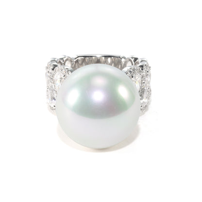 Micro-setting White shell pearl detailed wide band ring, sterling silver