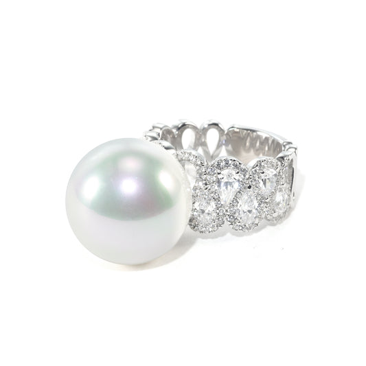 Micro-setting White shell pearl detailed wide band ring, sterling silver