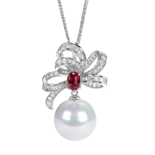 Promotional design Micro-setting Ruby color mixed cutting Lab created stones artistic White Shell Pearl necklace, sterling silver