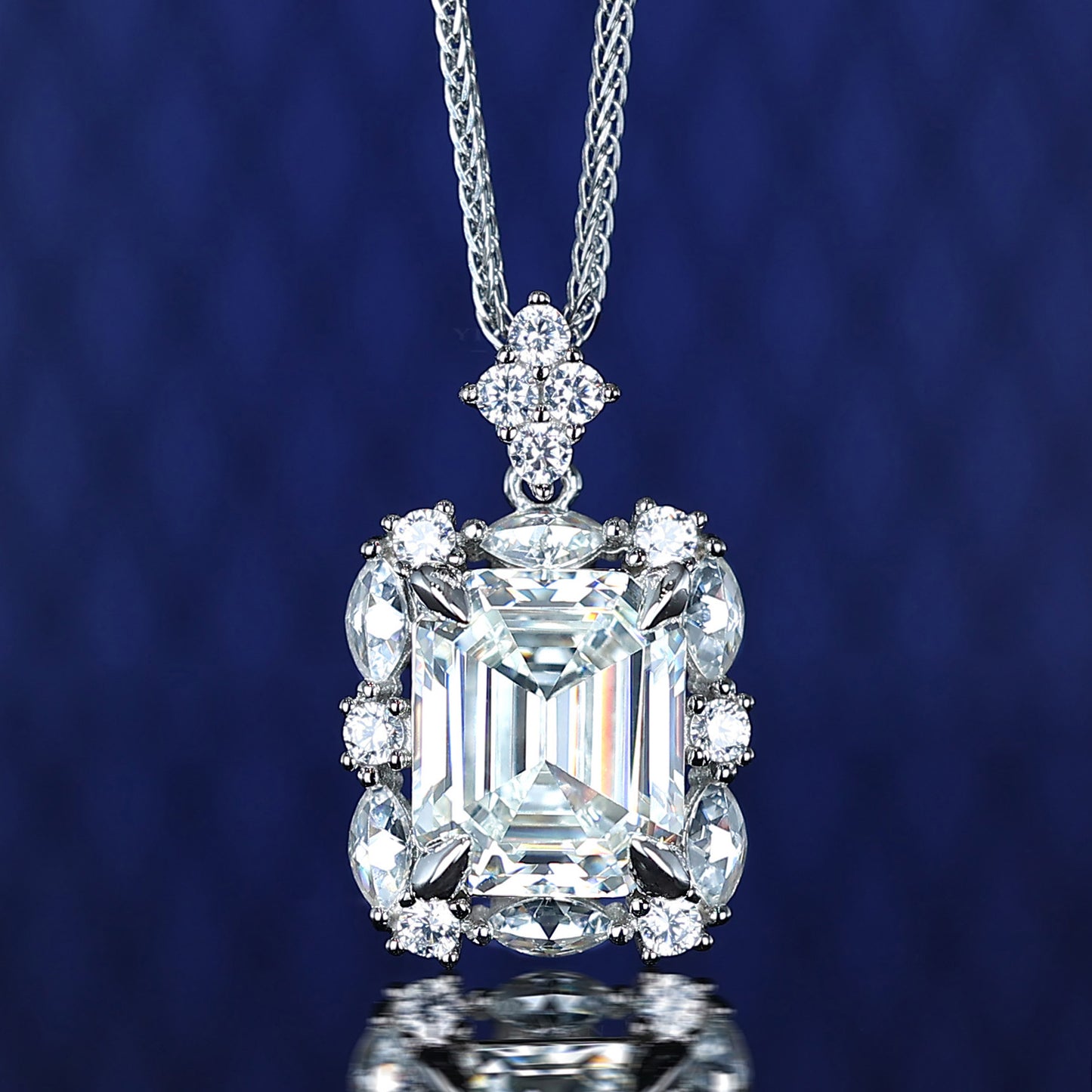 Welfare Exclusive Emerald-cut Lab created stones detailed necklace, sterling silver. (11.5 carat)