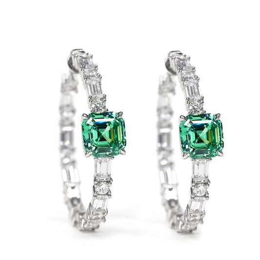 Micro-setting green diamond color Lab created stones detailed hoop earrings, sterling silver