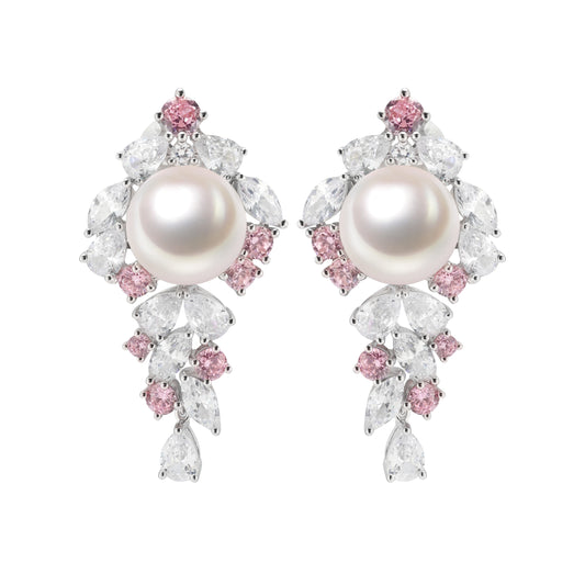 Wedding collection: Artistic Radiant Fusion Earrings Featuring Pink Diamond, Clear Diamond color Lab created stones Exquisite and Unique earrings, with Lustrous high quality Shell Pearls. sterling silver