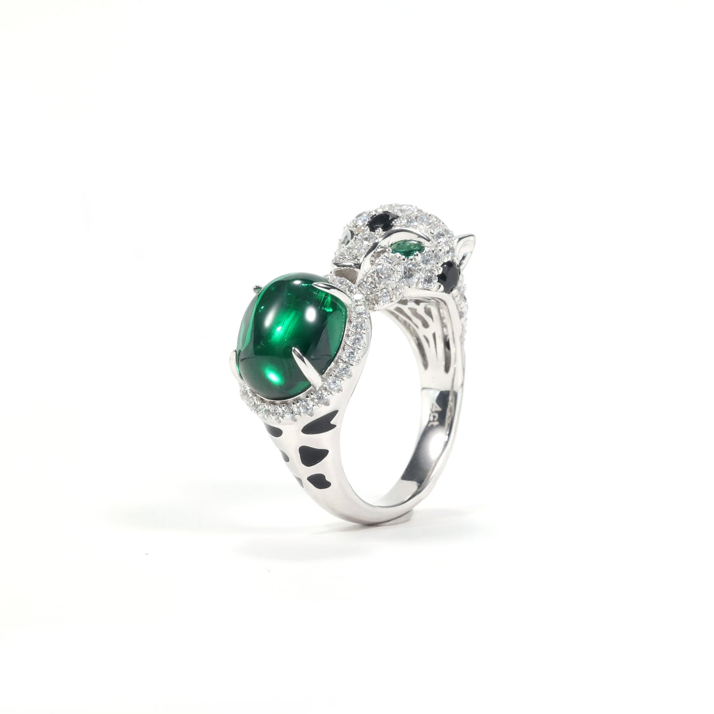 Jaguar selection： featuring stunning artificial emerald and Diamonds color Lab created stones open ring. sterling silver