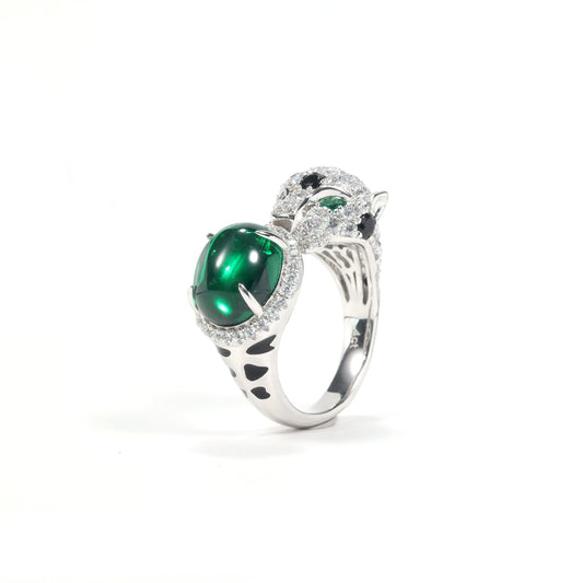 Jaguar selection： featuring stunning artificial emerald and Diamonds color Lab created stones open ring. sterling silver