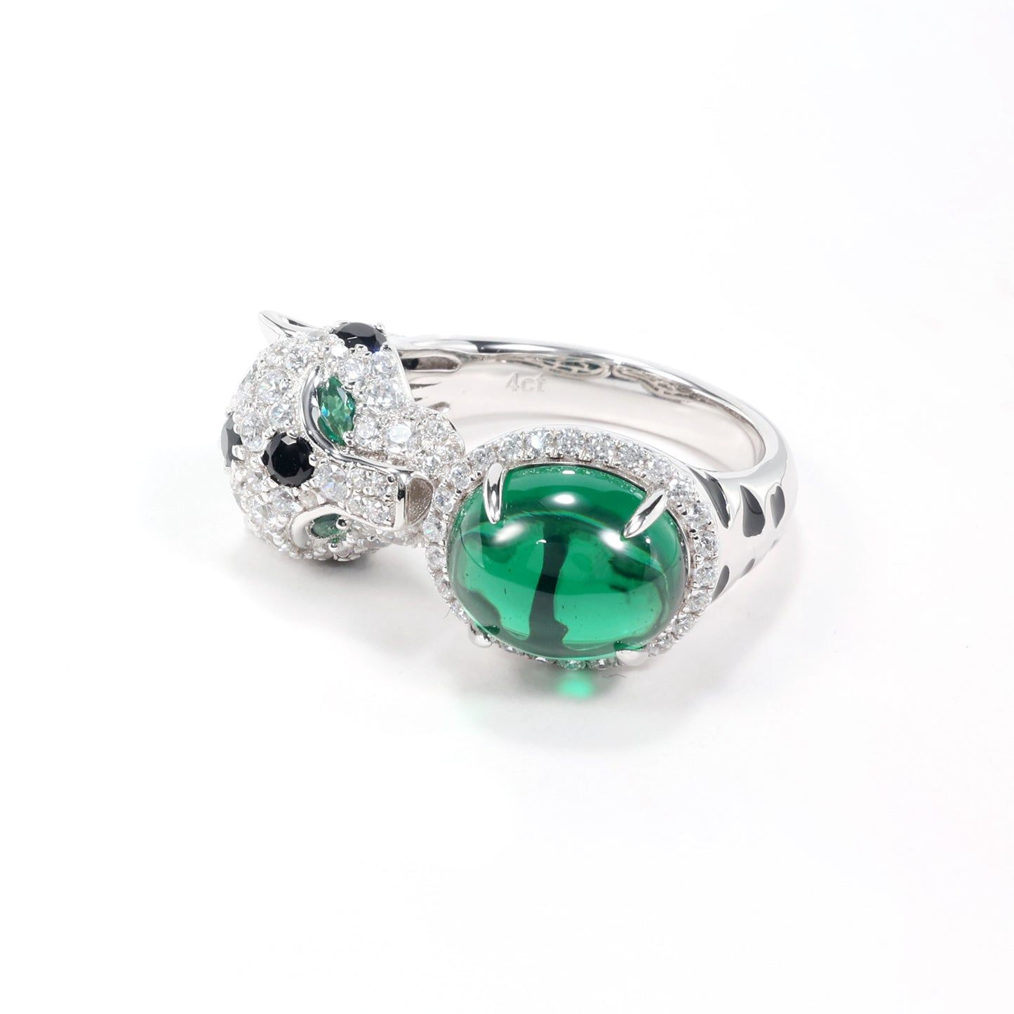 Jaguar selection： featuring stunning artificial emerald and Diamonds color Lab created stones open ring. sterling silver