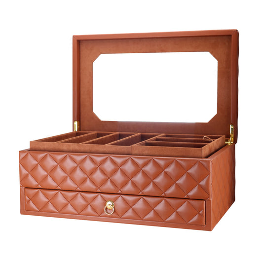 Big Brown Jewelry box 4 layers with mirror