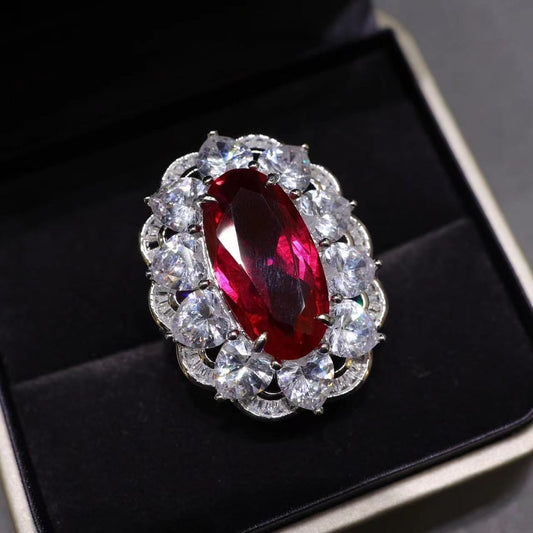 Special offer Micro-setting Ruby color Lab created stones Oval fancy ring, sterling silver