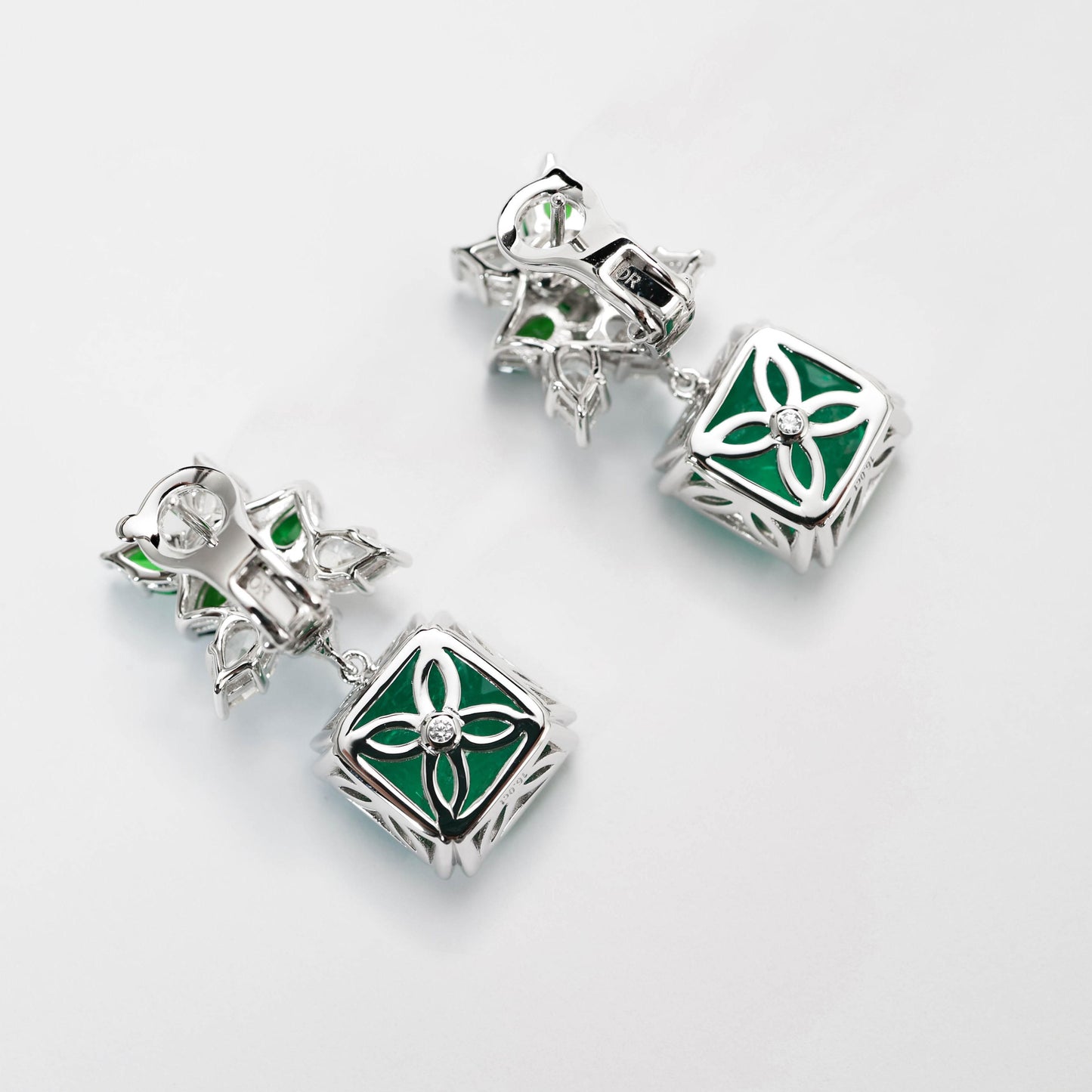 Micro-setting emerald color Lab created stones Artistic fantasy earrings, sterling silver