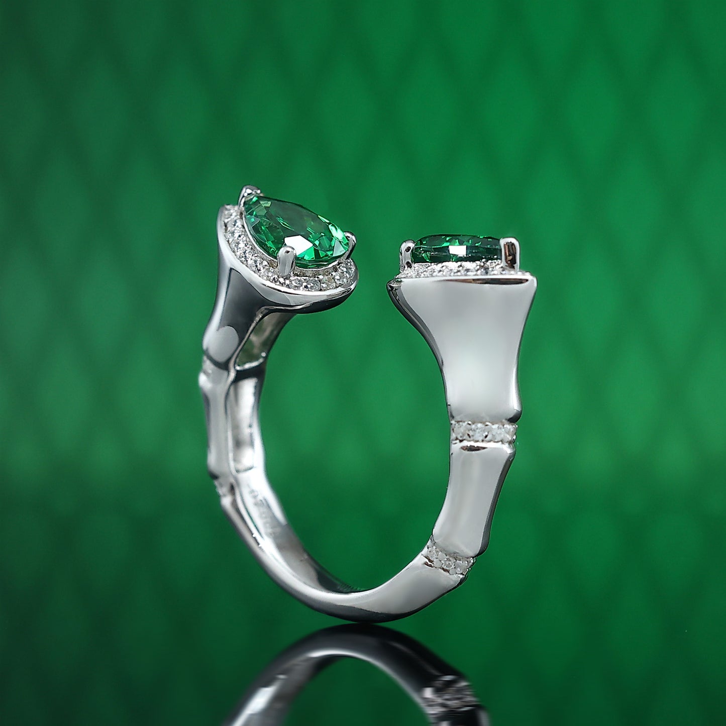 Micro-setting Tsavorite green color Lab created stones 2 tear drop Bamboo ring, sterling silver