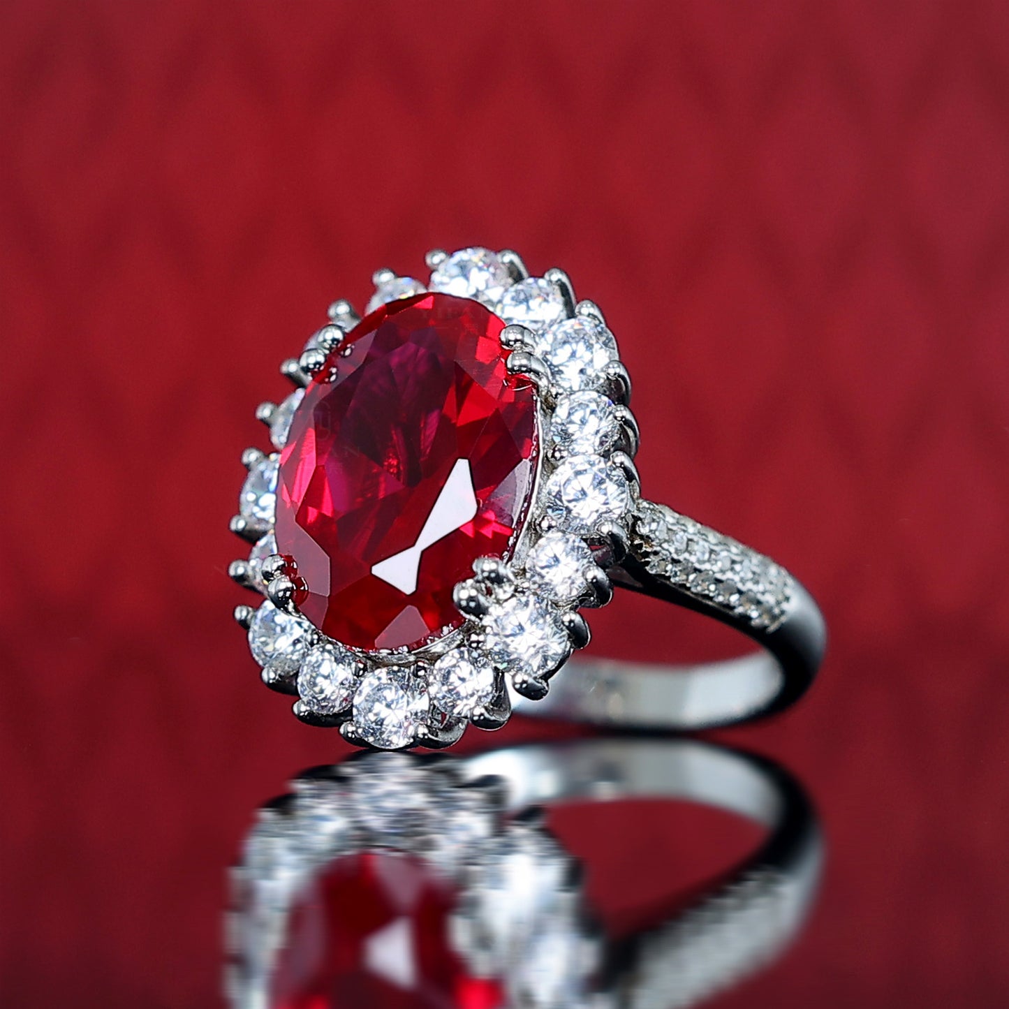 Promotional design Micro-setting Ruby color Lab created stones Classic Diana ring, sterling silver. (6 carat)