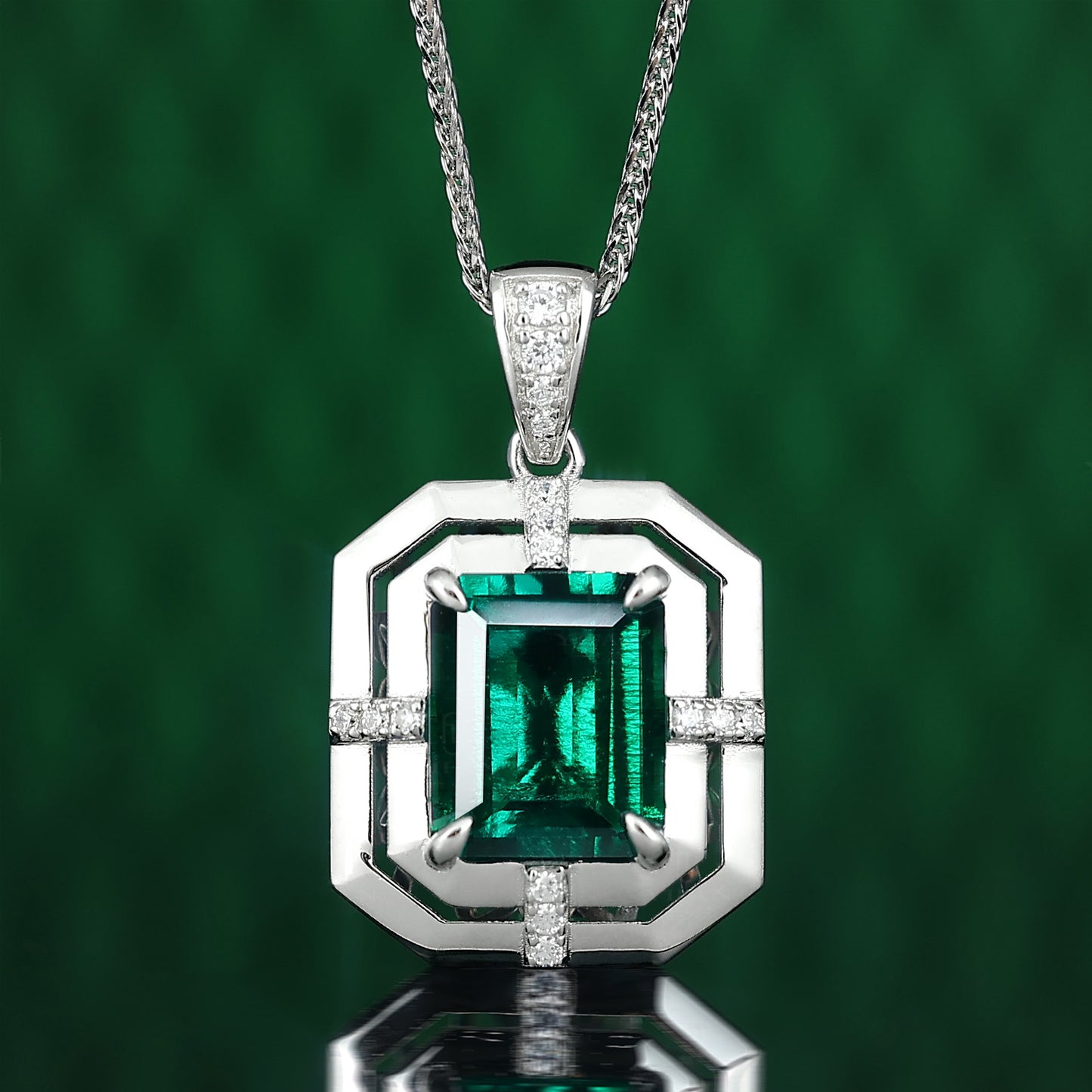 Micro-setting Emerald color Lab created stones Mysterious space necklace, sterling silver  (3.6 carat)