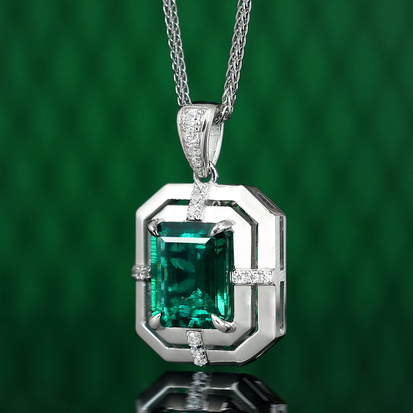 Micro-setting Emerald color Lab created stones Mysterious space necklace, sterling silver  (3.6 carat)