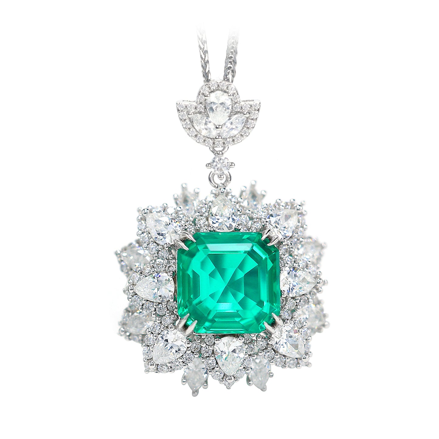 Micro-setting Emerald and diamond color mixed cutting Lab created stones fancy square shape fully studded pendant, sterling silver. （8.27 carat）