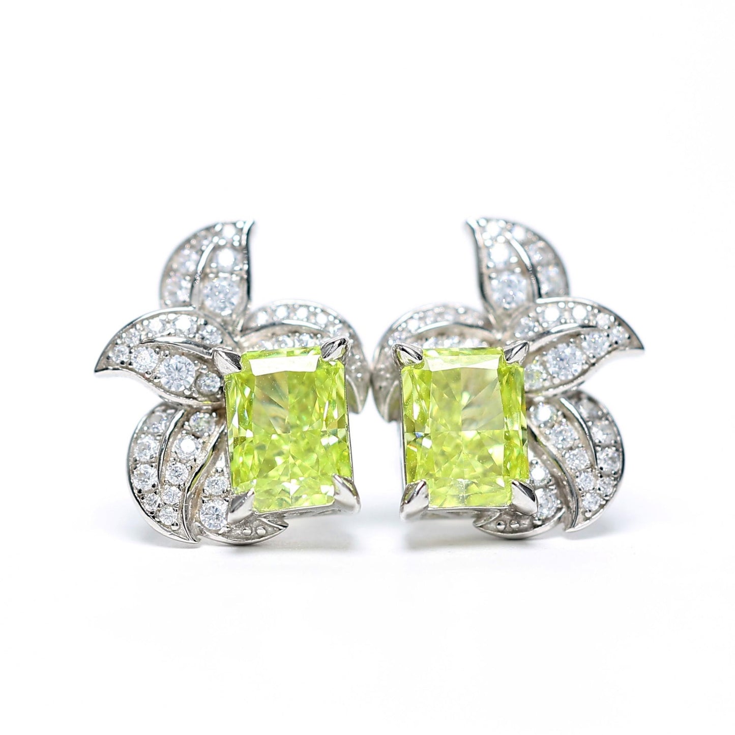 Micro-setting Chrysoberyl Fluorescent color lab created stones artistic petal earrings, sterling silver.