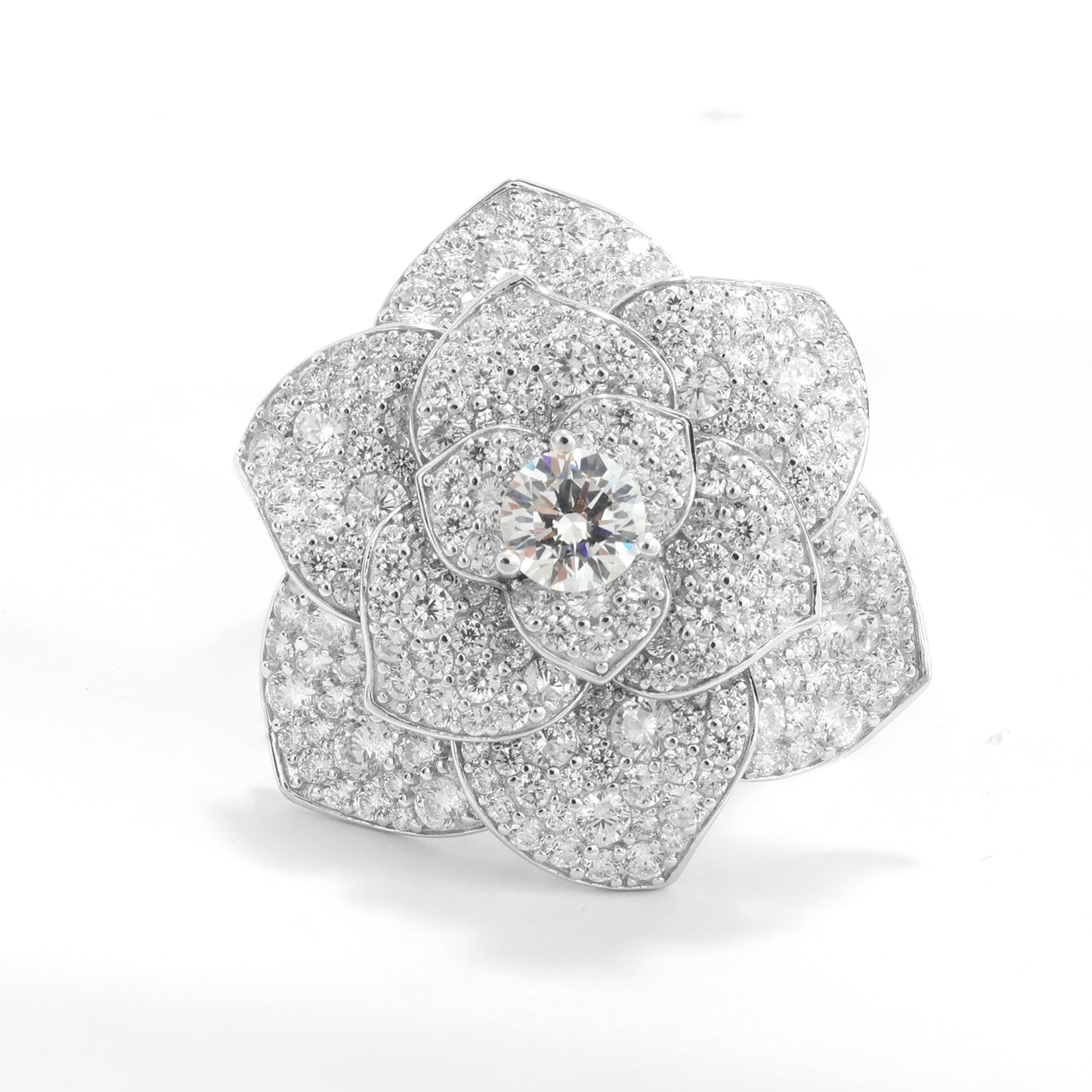 Micro-setting Clear diamond color Lab created stones luxury Camellia ring, sterling silver