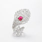 Reservation design Micro-setting ruby color Lab created stones artistic feather ring, sterling silver