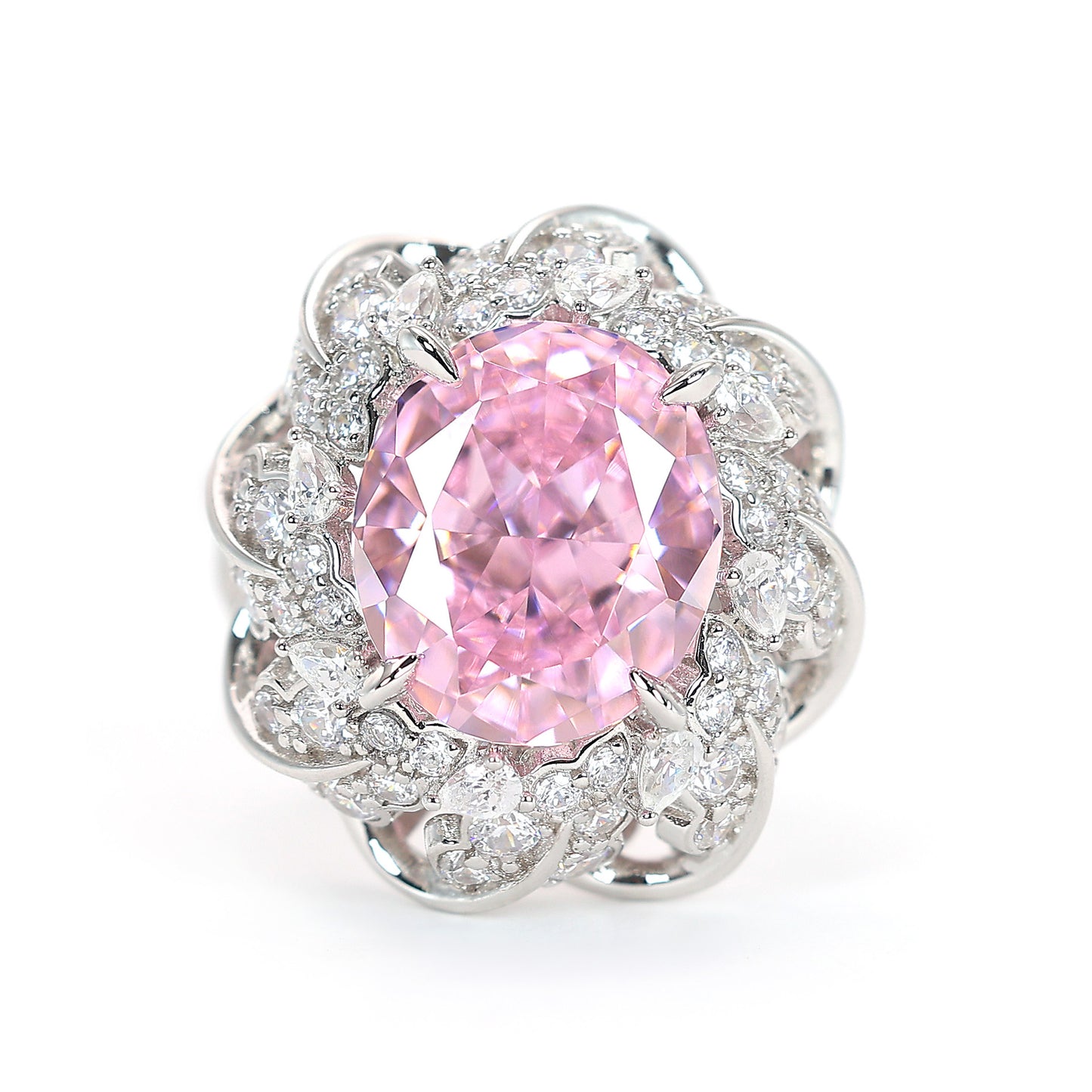 Regenkirsch-Ring mit rosa Diamanten in Mikrofassung, Farbe Lab erstellte Steine, Sterlingsilber