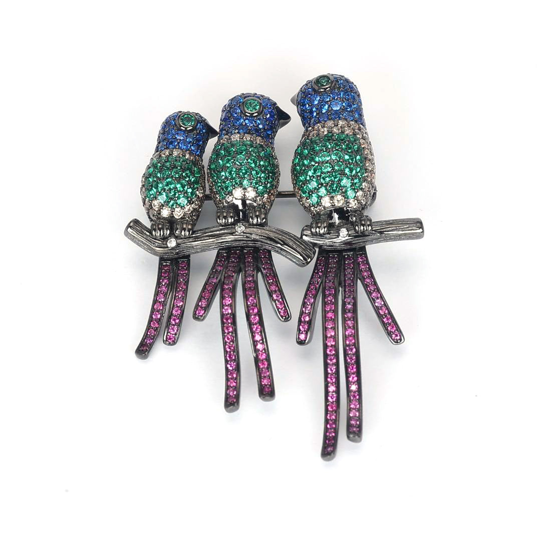 Special offer only 1 Micro-setting mixed color Lab created stones The 3 birds brooch, sterling silver