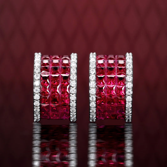 Special offer Wide Micro-setting Ruby color lab created stones invisible set earrings, sterling silver
