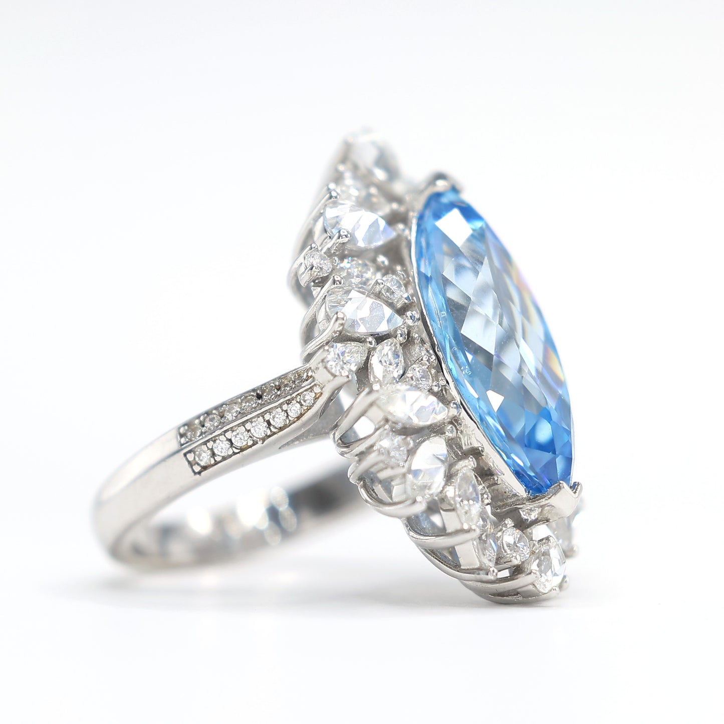 Micro-setting Aquamarine color Lab created stones Marquise shape ring, sterling silver